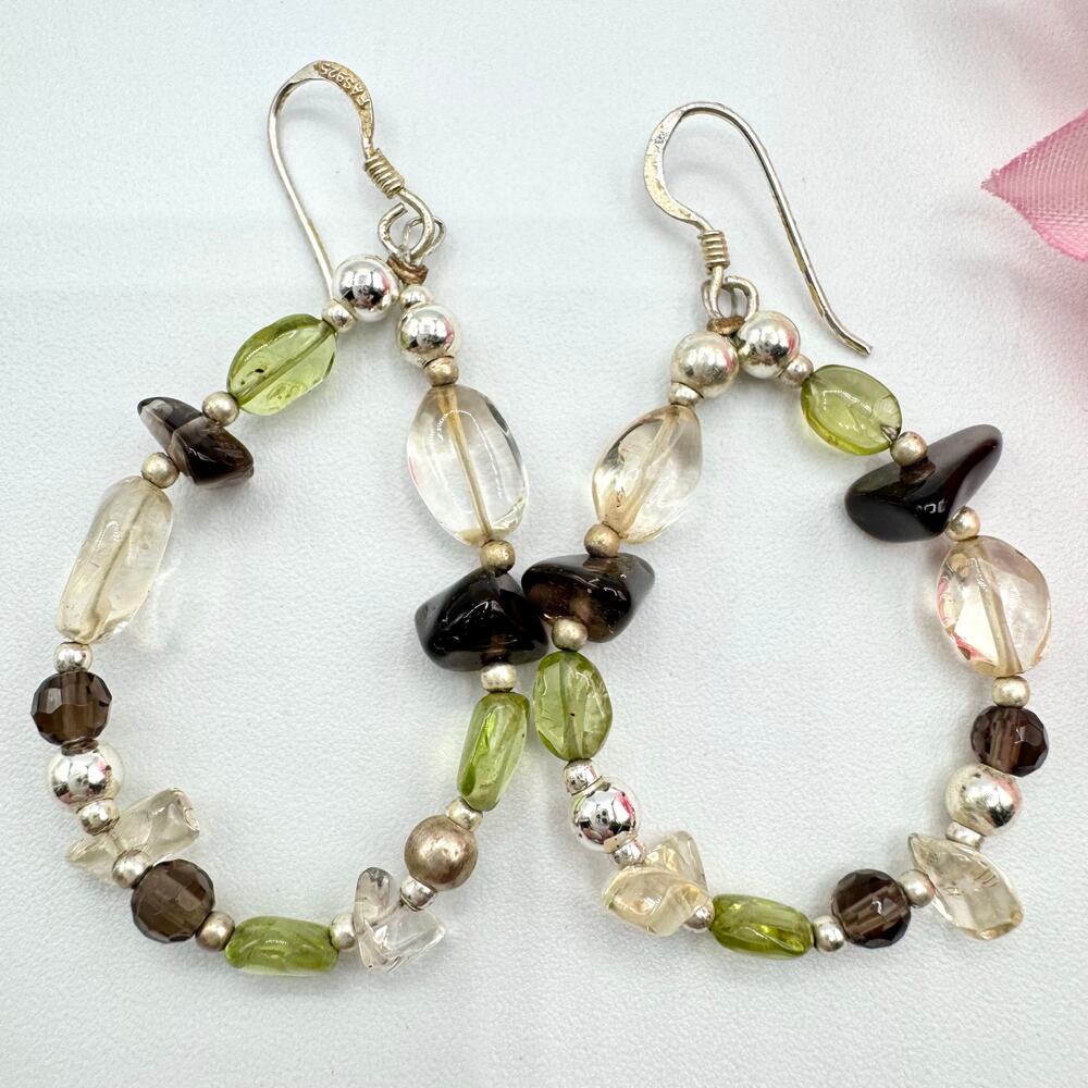 FAS 925 Beaded Hoop Gemstone Earrings Smoky Quartz Peridot Clear Quartz Stamped